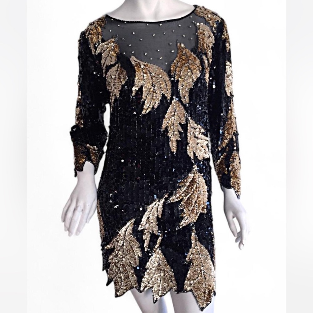Oleg Cassini Black Sequin Dress with Gold Leaf Appliqué